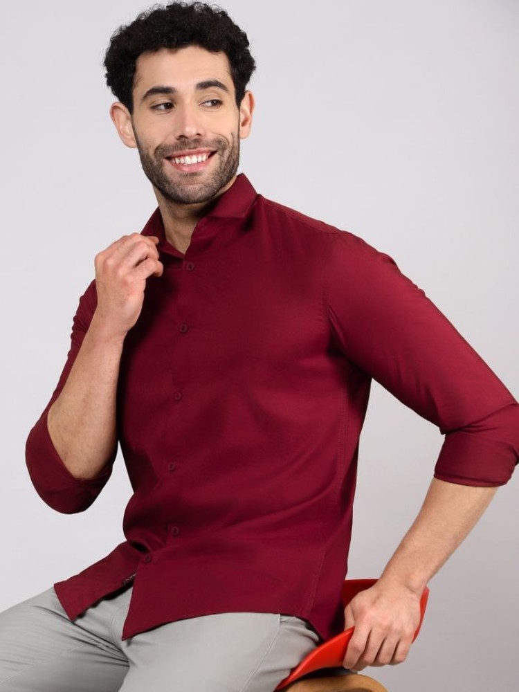 Burgundy - Cotton Solid Shirts For Men