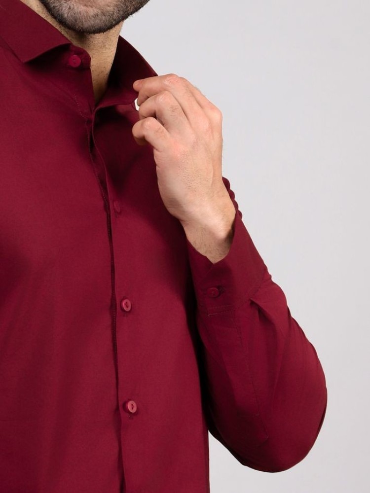 Burgundy - Cotton Solid Shirts For Men