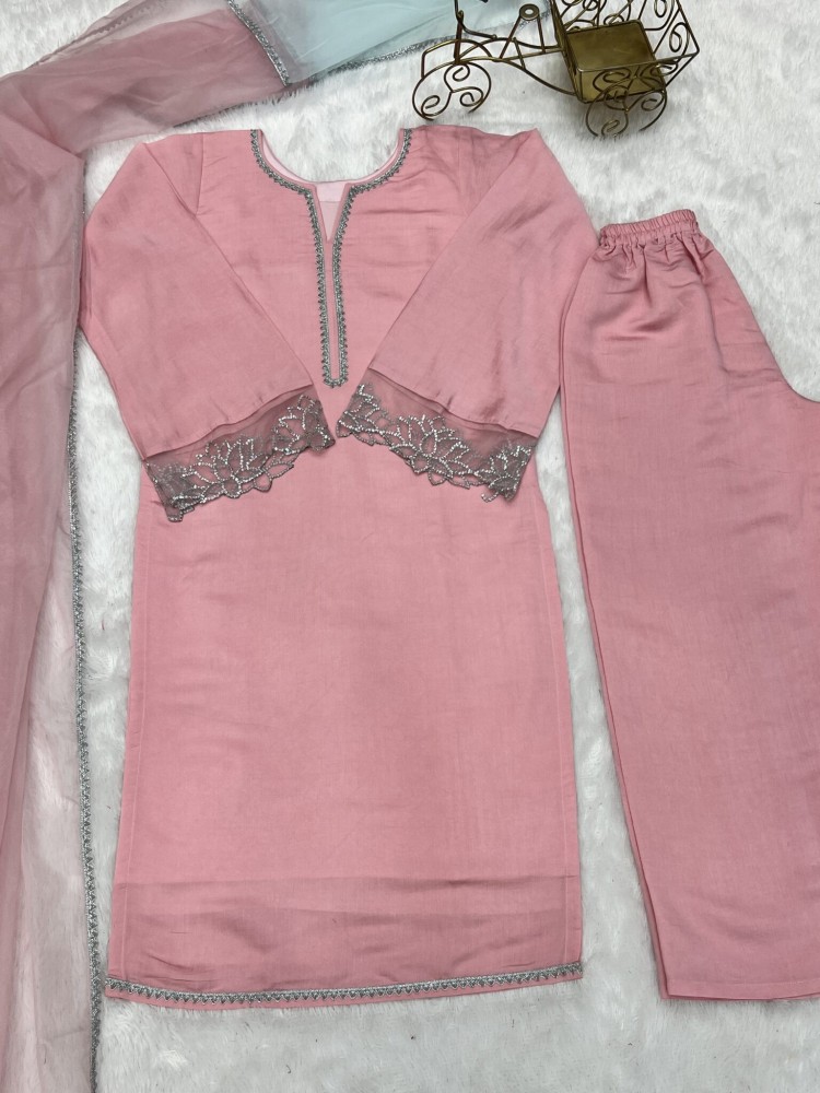 New Pink Silk Fabric Cut Work Plazo Suit