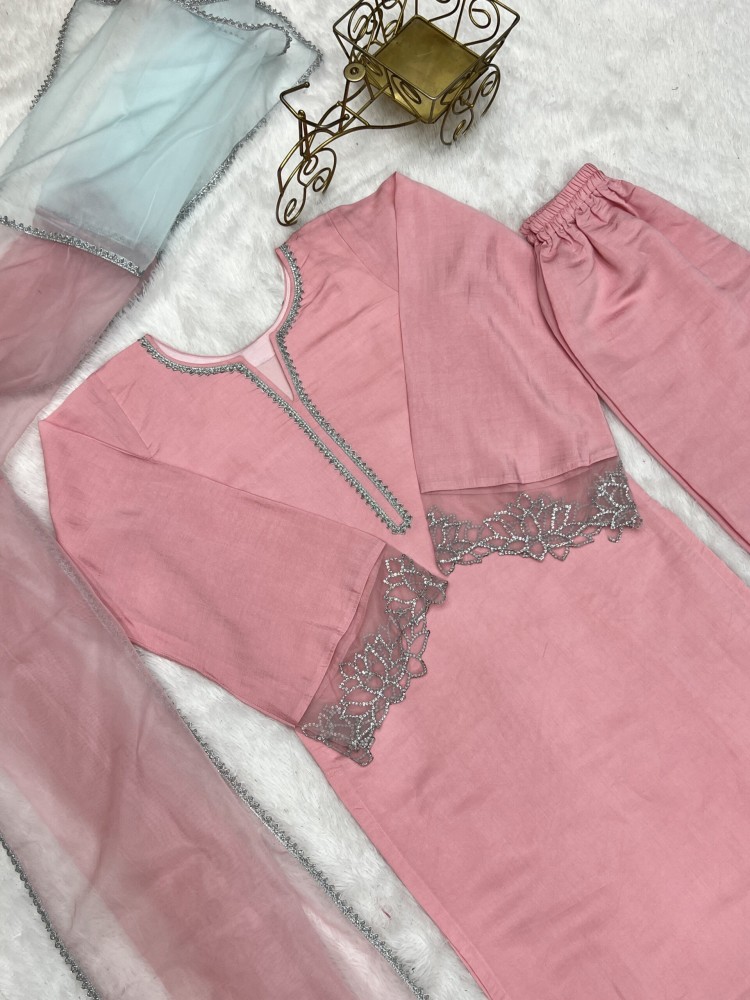 New Pink Silk Fabric Cut Work Plazo Suit