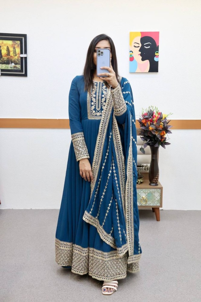 NEW WEDDING WEAR BLUE COLOUR STICHED GOWN