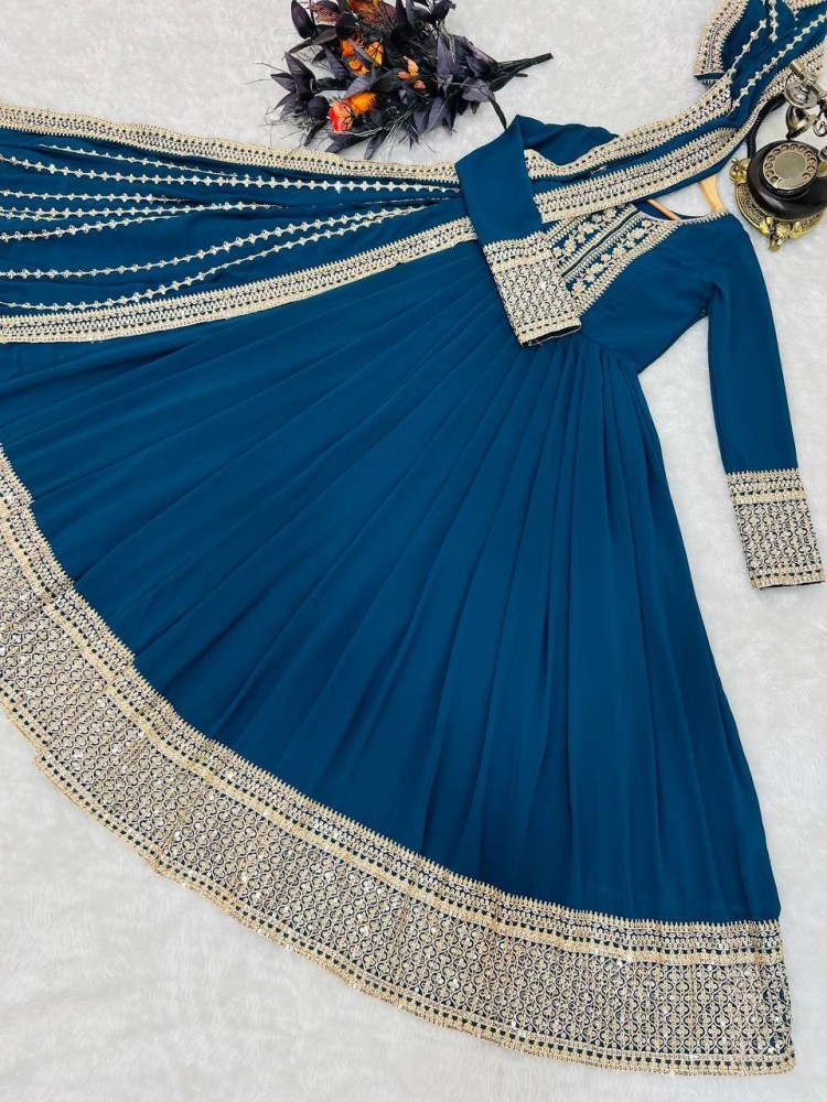 NEW WEDDING WEAR BLUE COLOUR STICHED GOWN