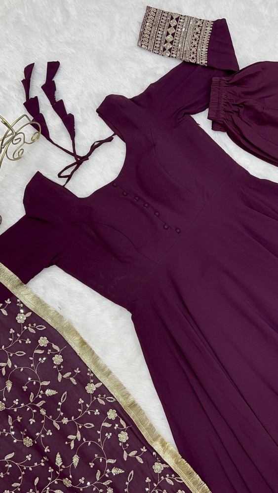 New Wine Colour Zari Work Fully Flare Gown