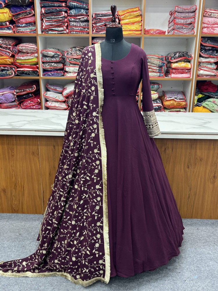New Wine Colour Zari Work Fully Flare Gown