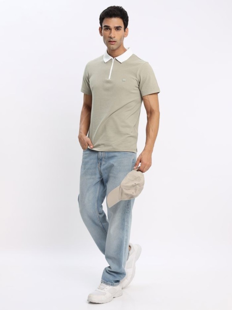 Sand Beige Zipper Mens Polo T-shirt