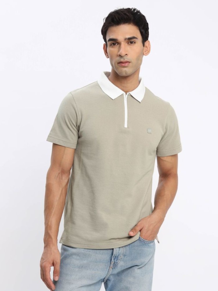 Sand Beige Zipper Mens Polo T-shirt