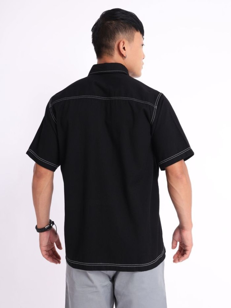 Black Contrast Stitch Urban Shirt for Men