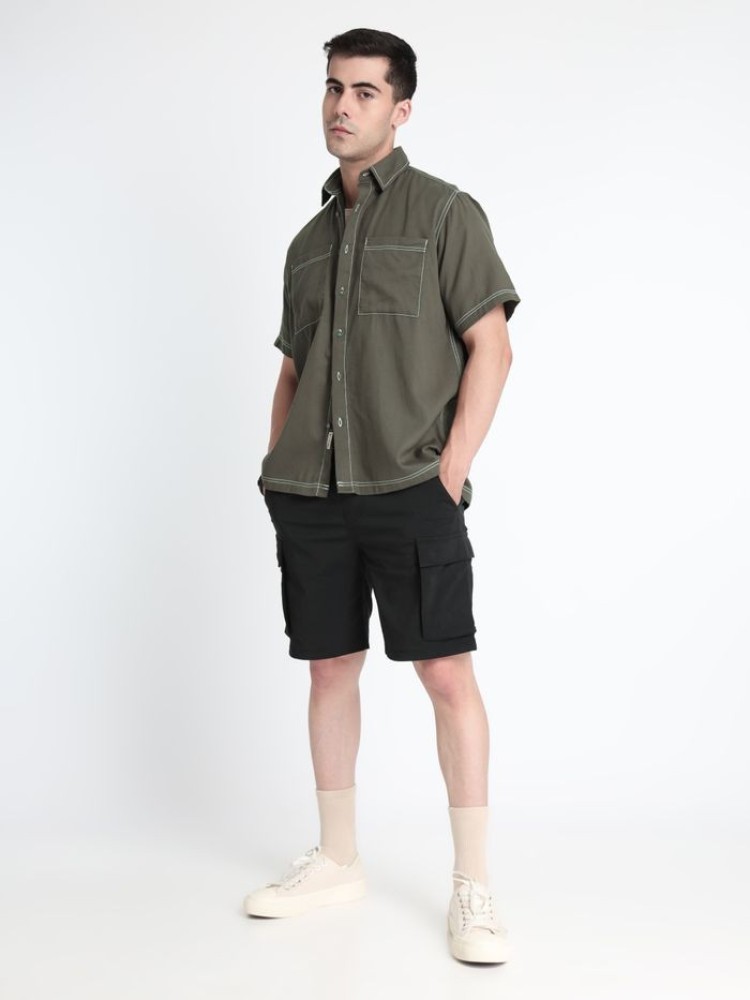 Darkest Grey Contrast Stitch Urban Shirt for Men