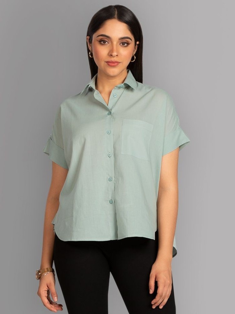 Tea Green Solid Boxy Casual Shirts for Women