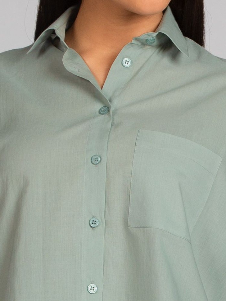 Tea Green Solid Boxy Casual Shirts for Women