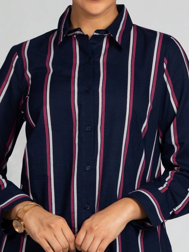 Navy Blue Striped Long Casual Shirts for Women