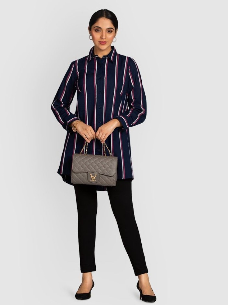 Navy Blue Striped Long Casual Shirts for Women