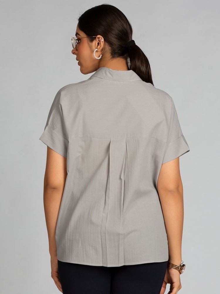 Light Grey Solid Boxy Casual Shirts for Women