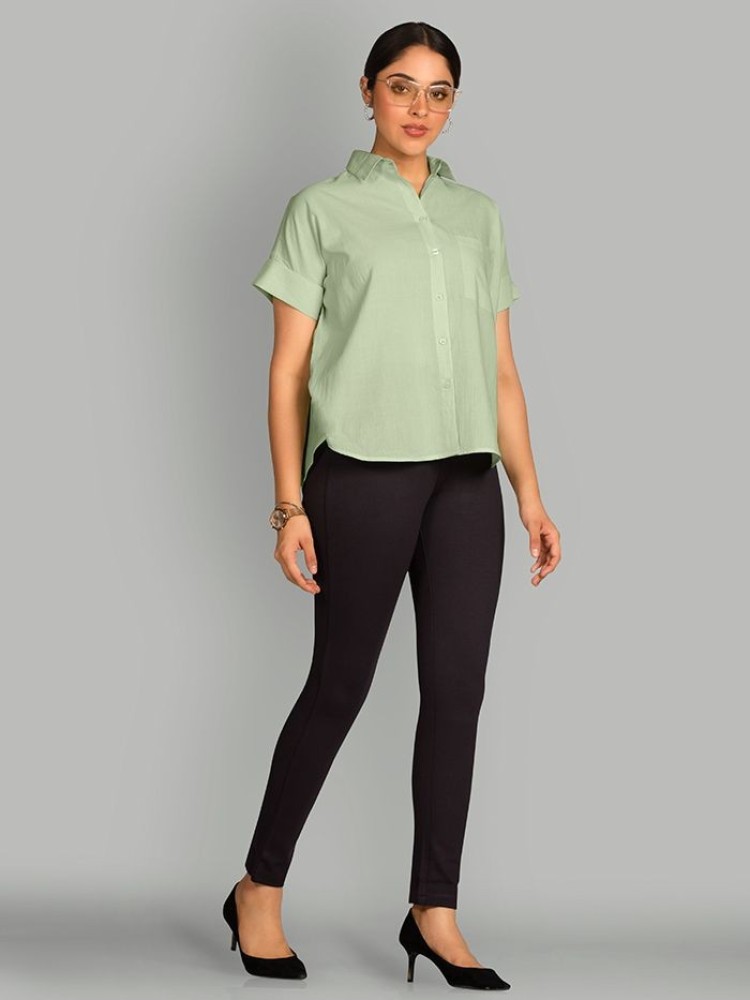 Pista Green Solid Boxy Casual Shirts for Women