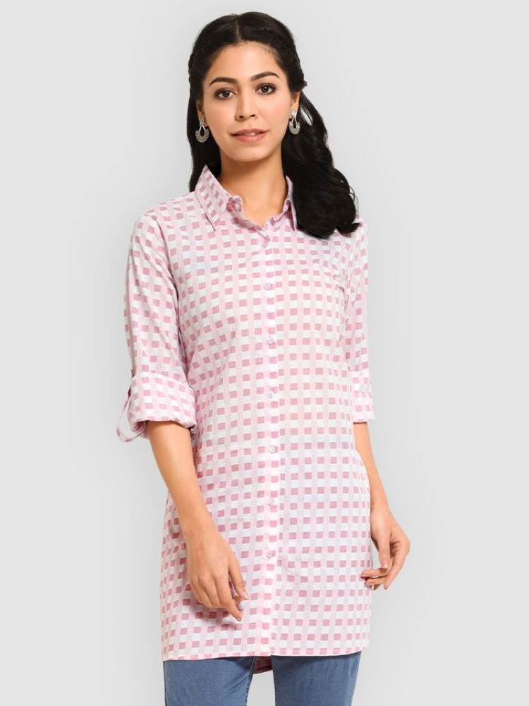 Pink Checkered Long Casual Shirts for Women