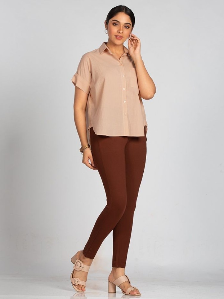 Peach Solid Boxy Casual Shirts for Women