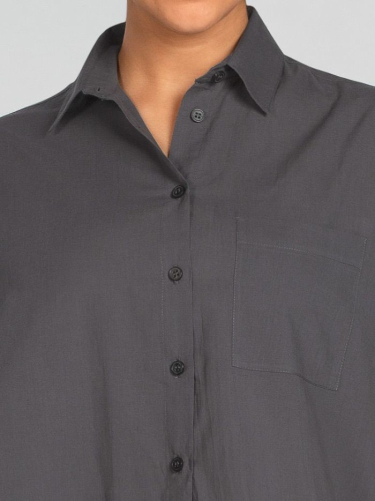 Dark Grey Solid Boxy Casual Shirts for Women