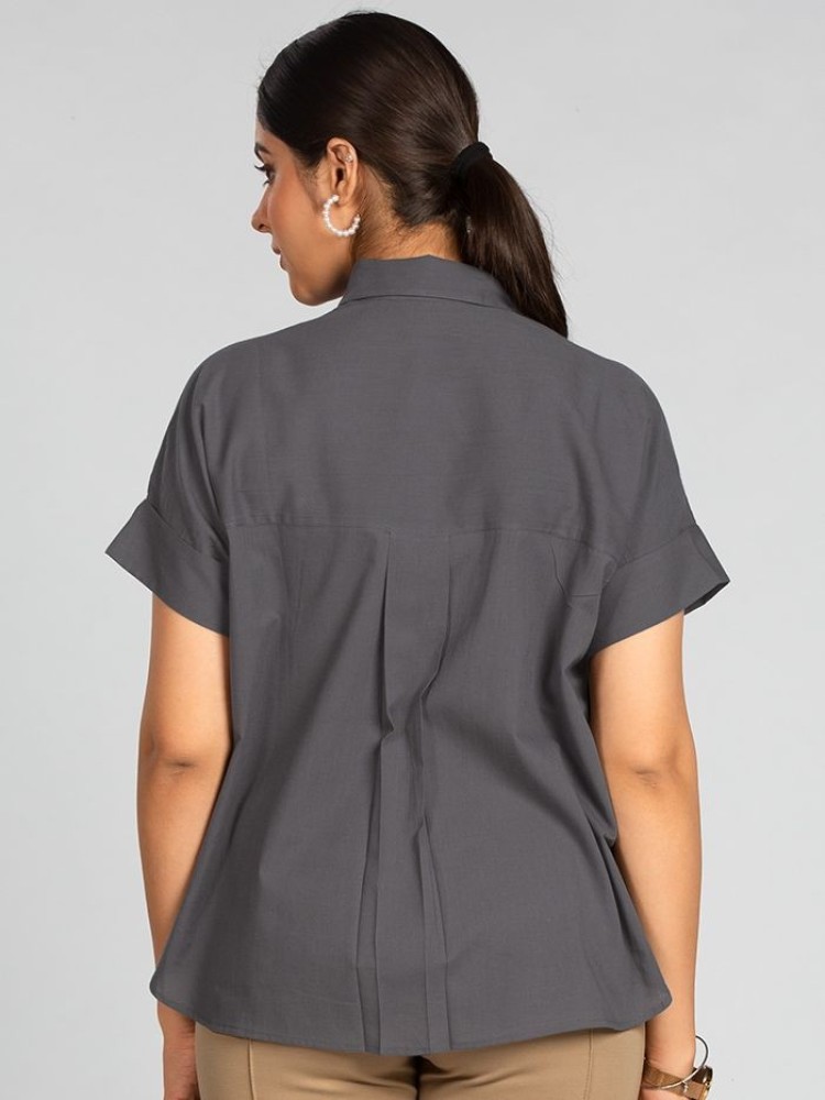 Dark Grey Solid Boxy Casual Shirts for Women