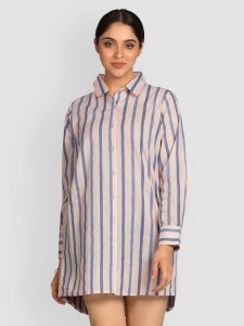 Beige Striped Long Casual Shirts for Women