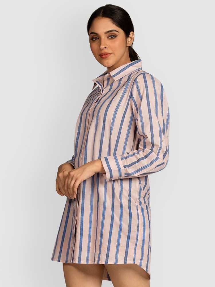 Beige Striped Long Casual Shirts for Women