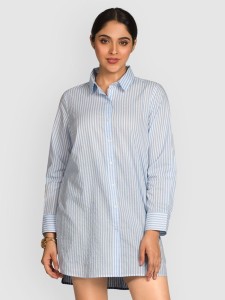 Sky Blue Striped Long Casual Shirts for Women