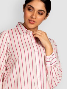 Baby Pink Striped Long Casual Shirts for Women