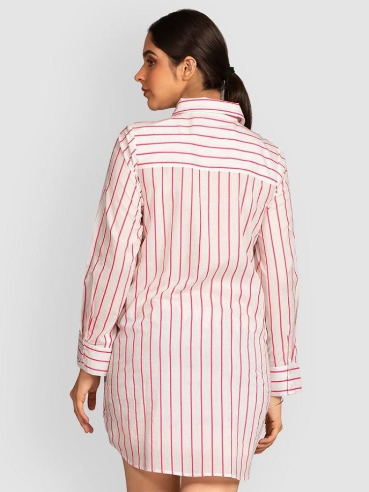 Baby Pink Striped Long Casual Shirts for Women