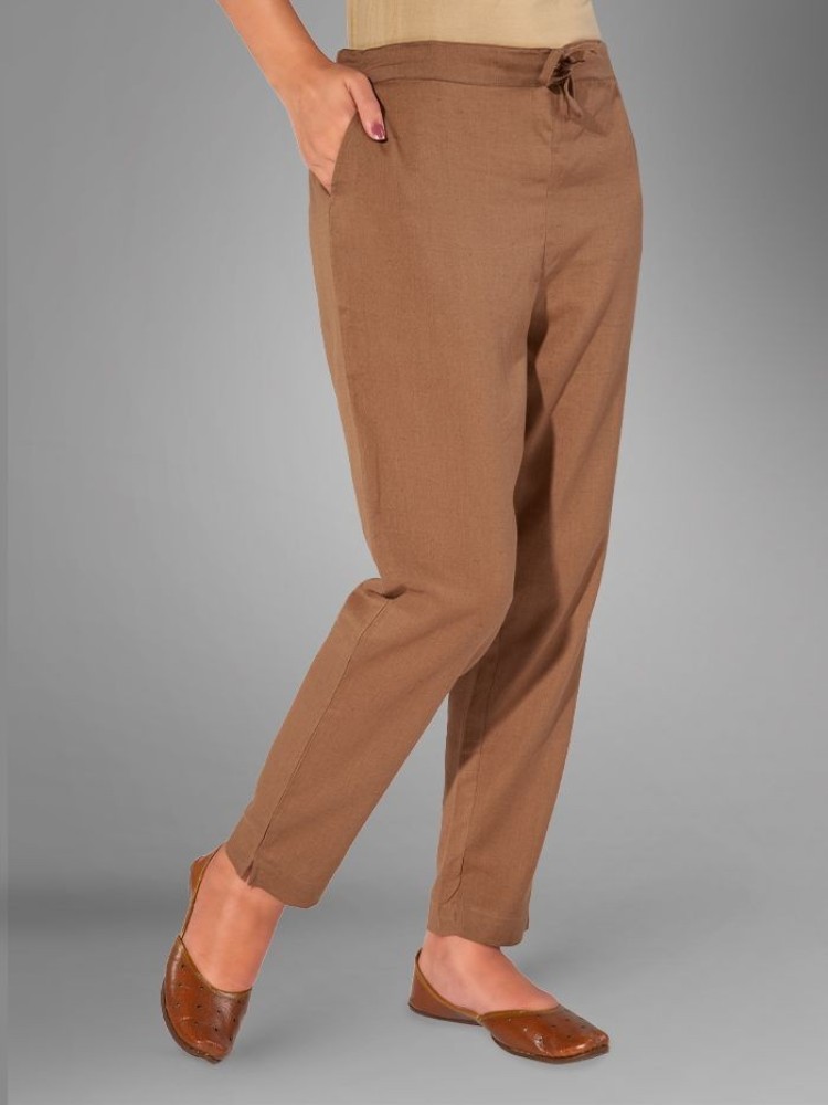 Brown Solid Straight-Fit Women Pant