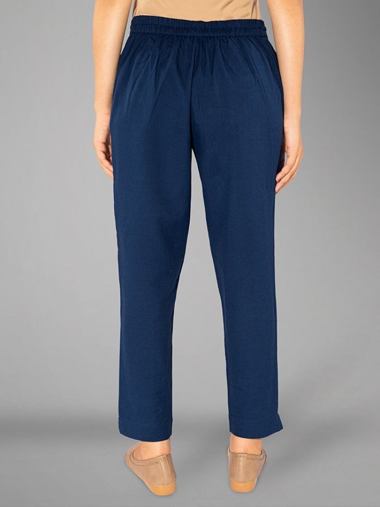 Navy Blue Solid Straight-Fit Women Pant