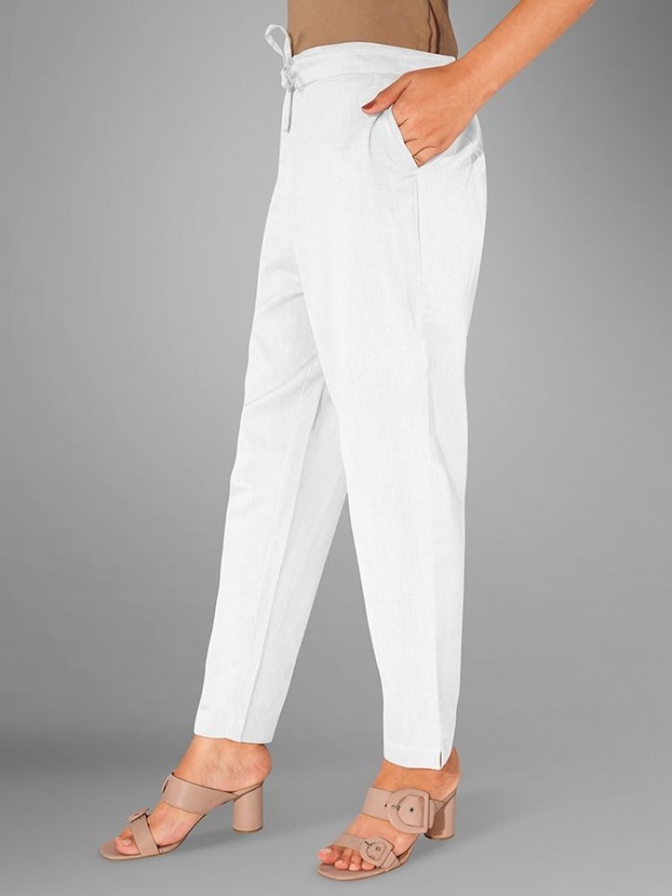 White Solid Straight-Fit Women Pant