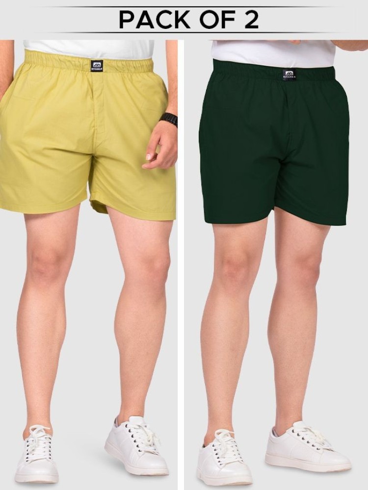 Plain Bottle Green And Dusty Yellow Mens Boxer Combos - Pack of Two